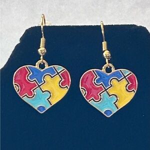 Handmade Autism Speaks Awareness Heart Puzzle Gold Earrings Brand New